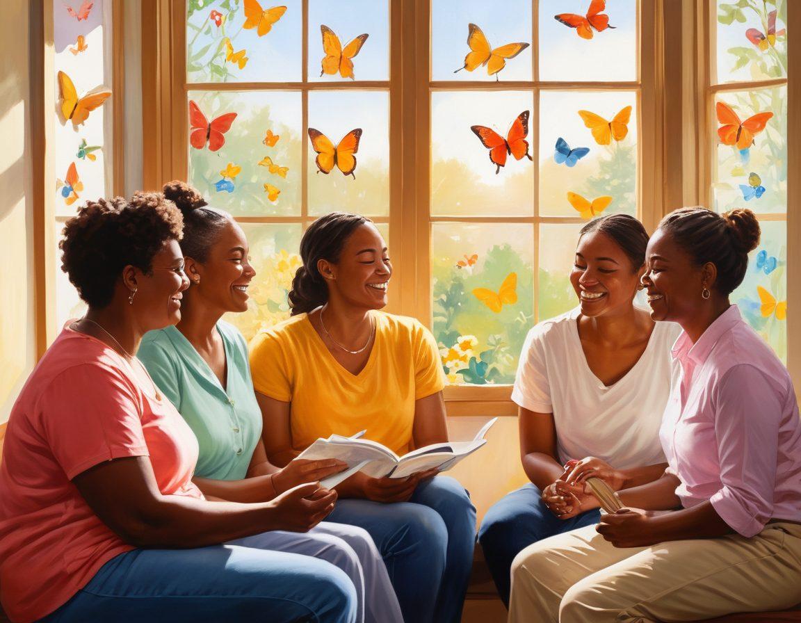 A warm and inviting scene depicting a diverse group of individuals gathered in a supportive circle, sharing stories and laughter. Soft sunlight streams through a nearby window, illuminating symbols of hope and resilience, such as butterflies and flowers. Include elements of advocacy, like banners and pamphlets, highlighting empowerment and support. A comforting atmosphere, fostering connection and encouragement. painting. vibrant colors.