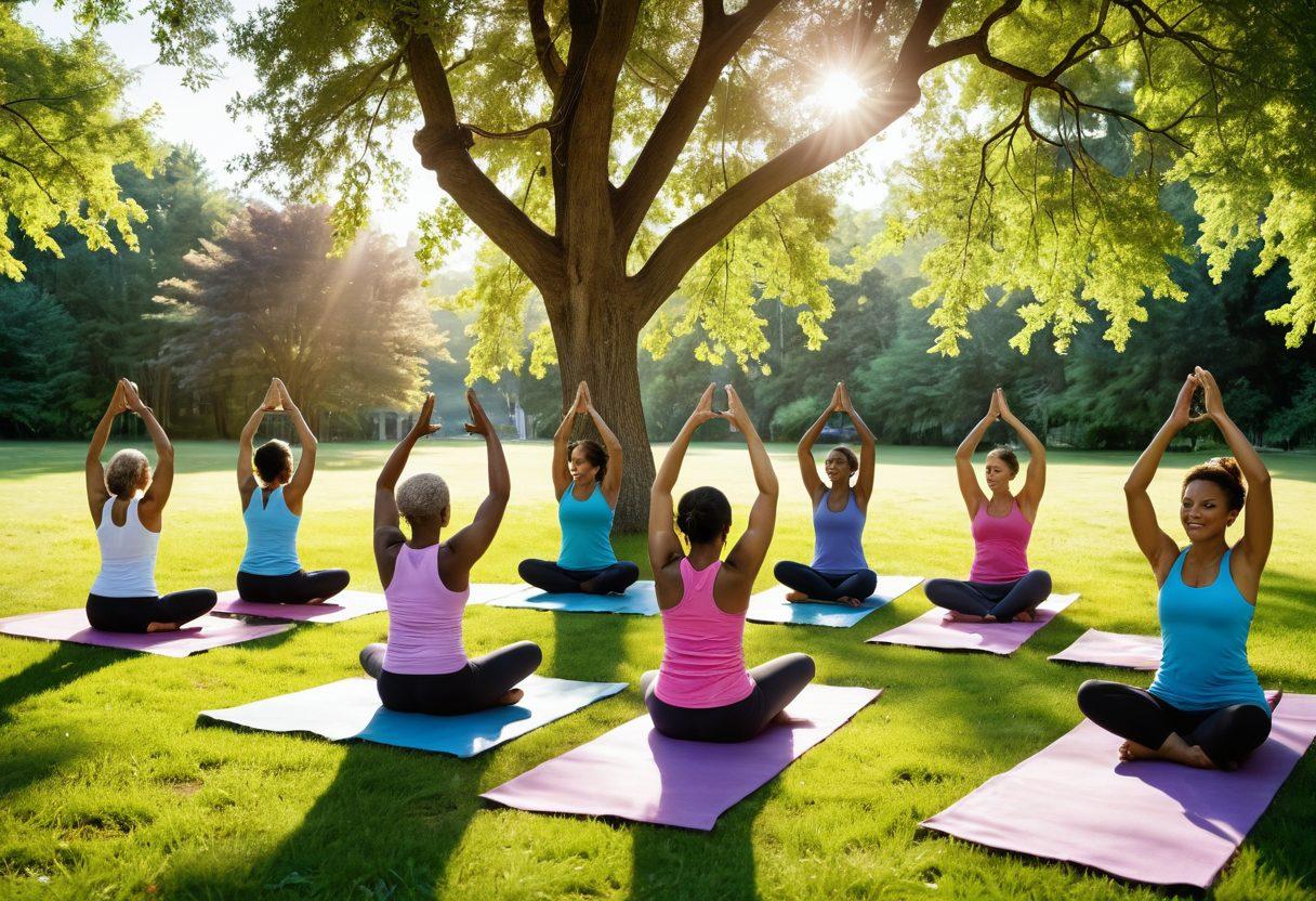 A peaceful scene showing a diverse group of cancer survivors engaging in holistic activities, such as yoga in a serene park surrounded by nature. Include elements of healthy eating with a colorful array of fruits and vegetables in the foreground, symbolizing a nutritious lifestyle. Soft sunlight filtering through trees, casting calming shadows, representing hope and renewal. The survivors should appear joyful and empowered. vibrant colors. super-realistic. soothing background.